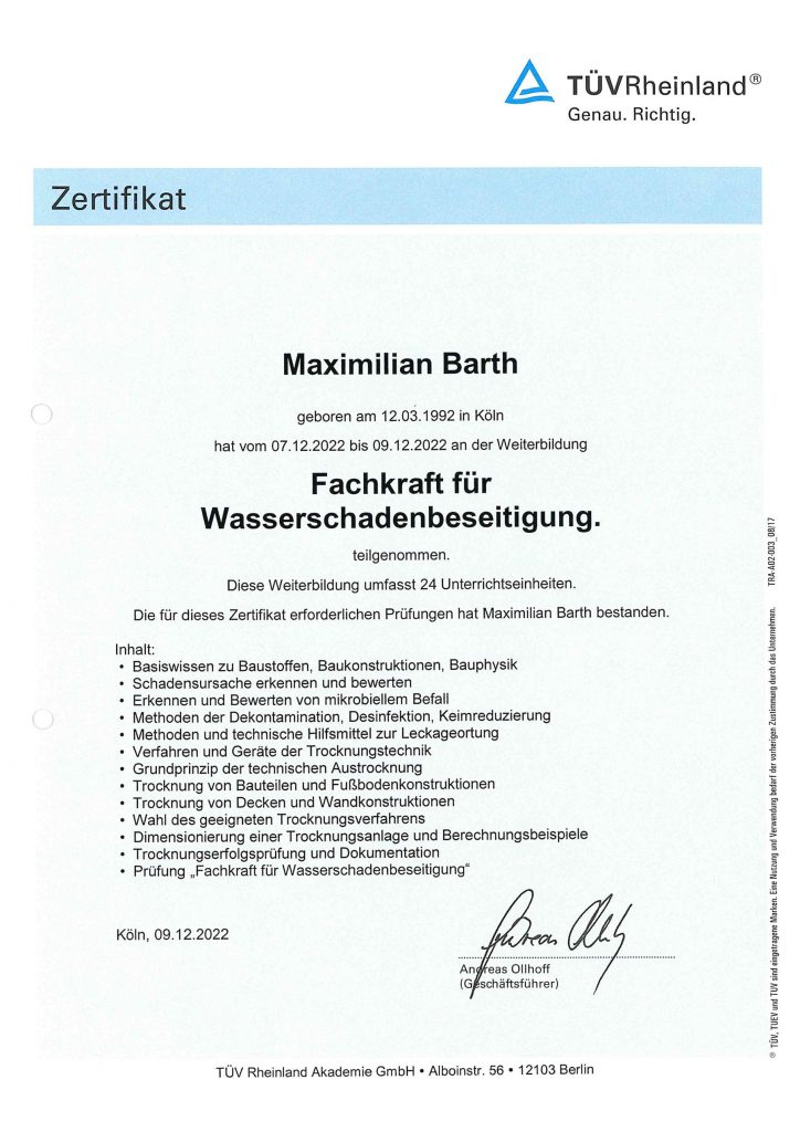 Zertifikat - Fachkraft für Wasserschadenbeseitigung