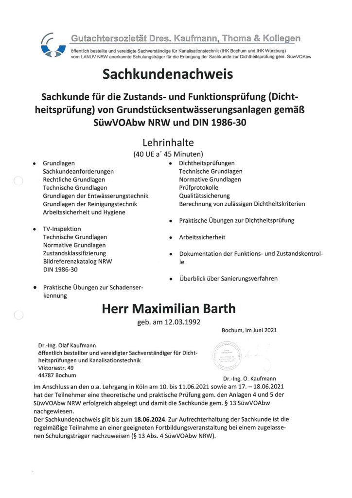 Sachkundenachweis Dichtheitsprüfung