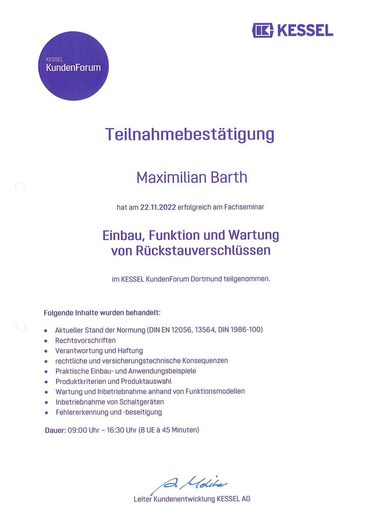 Teilnahmebestätigung Rückstauverschlüsse