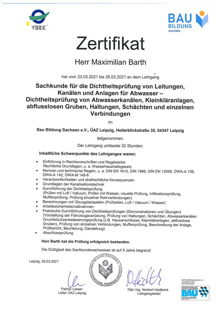 Zertifikat Dichtheitsprufung Herr Barth